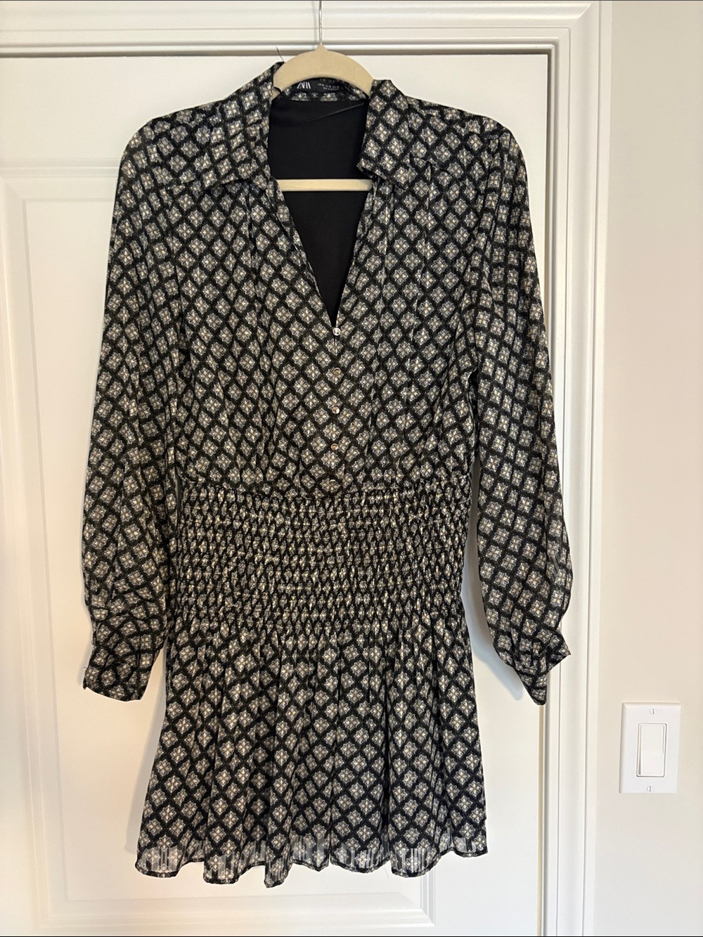 Zara Black and White Long Sleeve Printed Smocked Dress